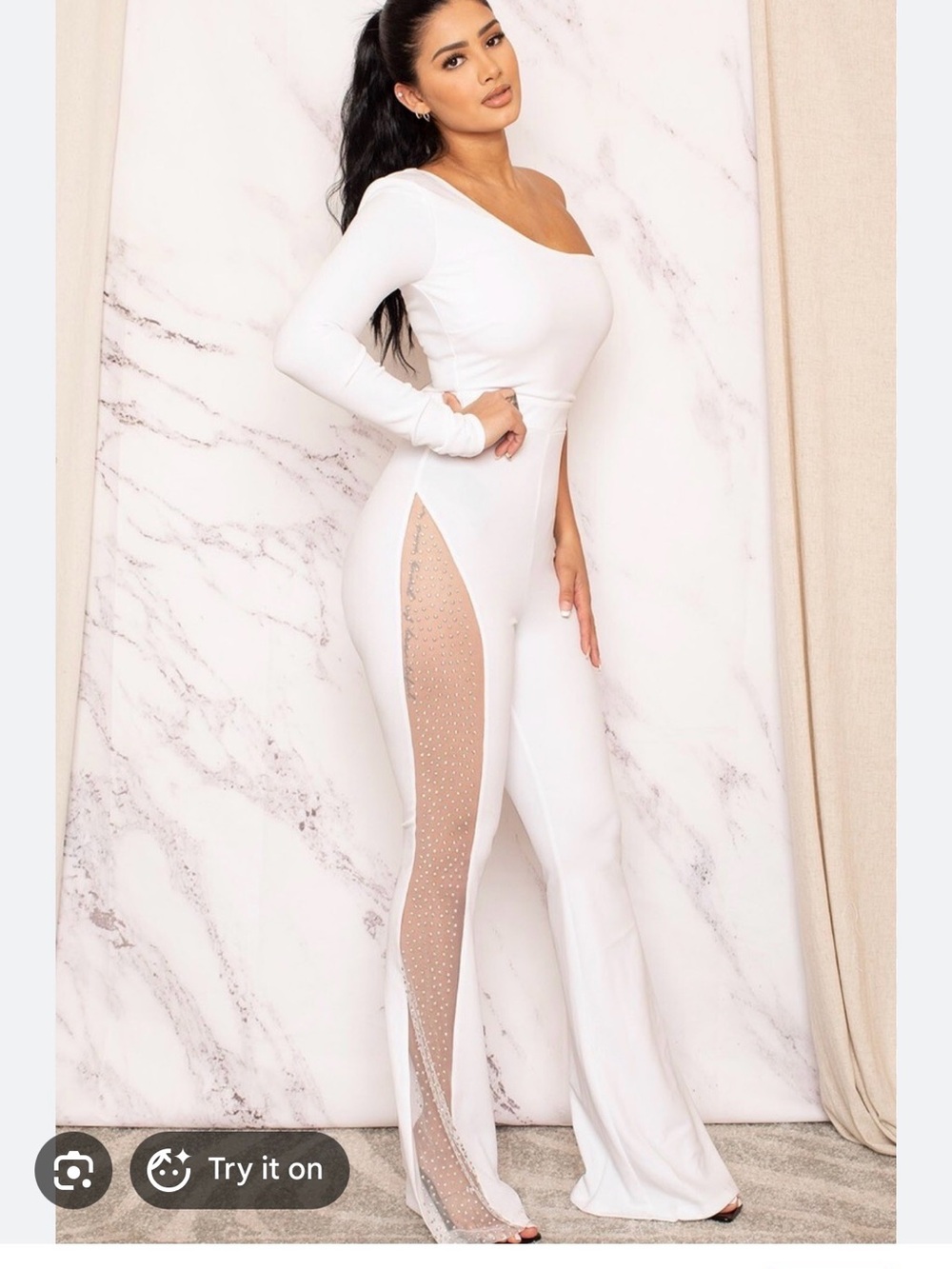 One-Shoulder White Jumpsuit with Sheer Side Panels